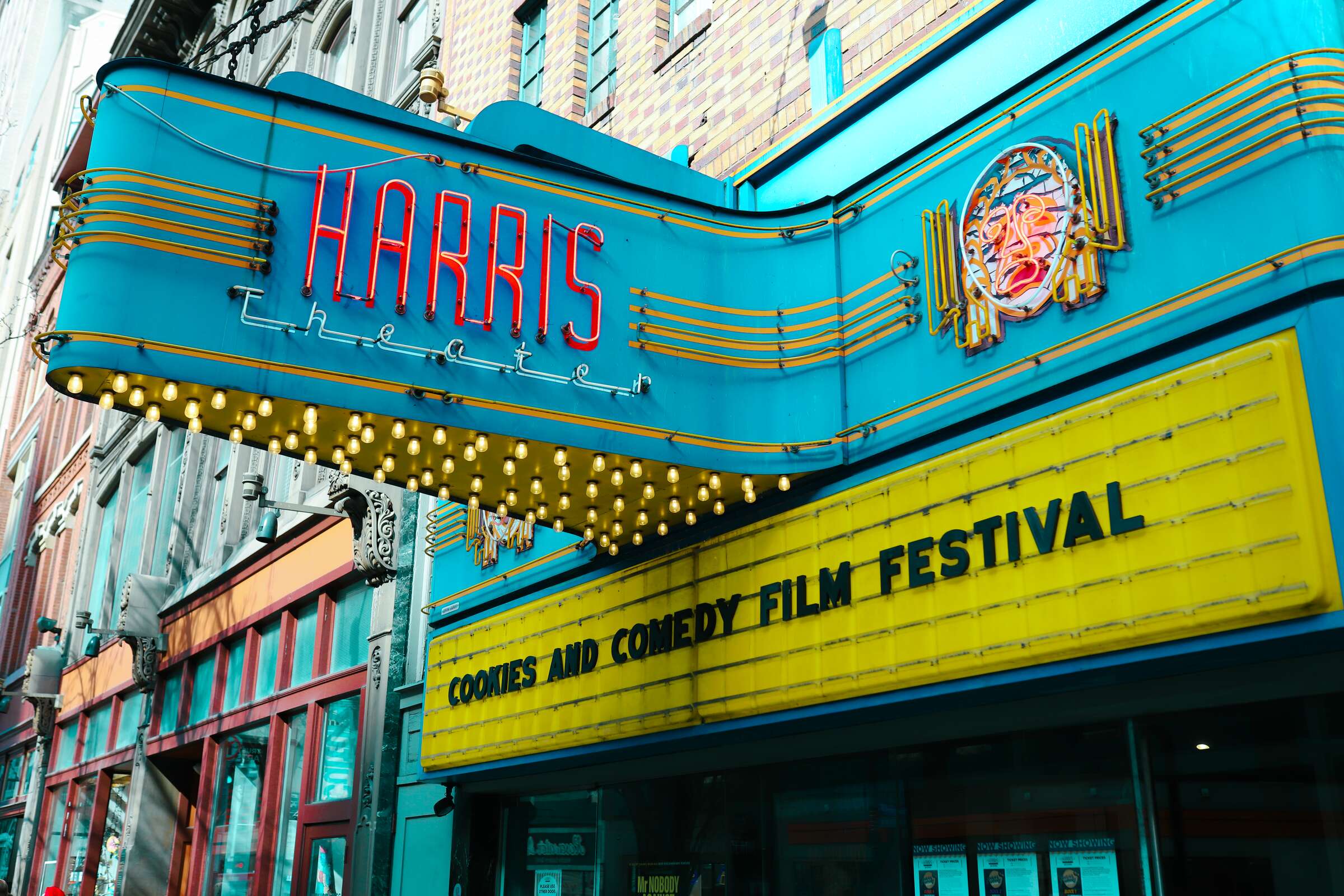 The Harris Theater marquee outside the Cookies & Comedy Film Festival